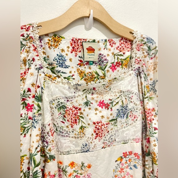 FARM RIO Floral Mini Dress Lace Inset Boho Size XS Cream Linen Blend - Picture 6 of 12